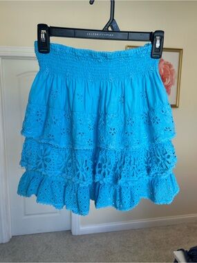 Temptation Positano blue cotton tiered ruffle mini skirt size L